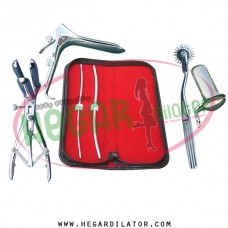 Hegar uterine dilator 3-4, 5-6, mathieu speculum, wartenberg pinwheel, grave small, collin medium