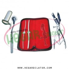 Hegar uterine dilator 3-4, 7-8, wartenberg pinwheel, mathieu speculum, collin small