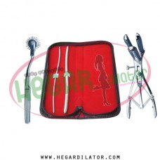 Hegar uterine dilator 3-4, 7-8, wartenberg pinwheel, mathieu speculum