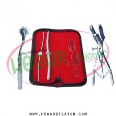 Hegar uterine dilator 3-4, 9-10, wartenberg pinwheel, mathieu anal speculum