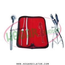 Hegar uterine dilator 3-4, 9-10, wartenberg pinwheel, mathieu anal speculum